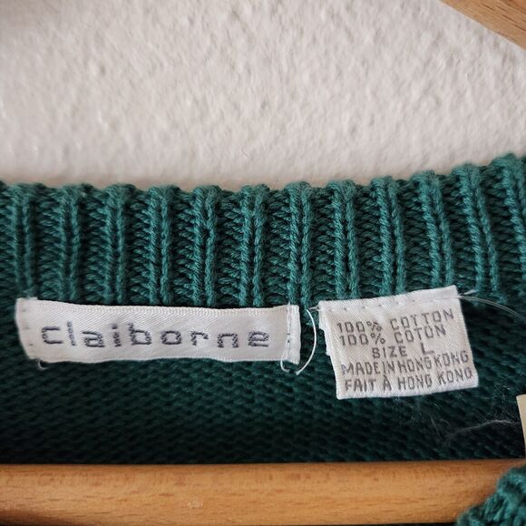 NOS VTG Claiborne Grandpa Sweater Large Crewneck Geometric Geen L Cotton 80s 90s - Picture 3 of 8